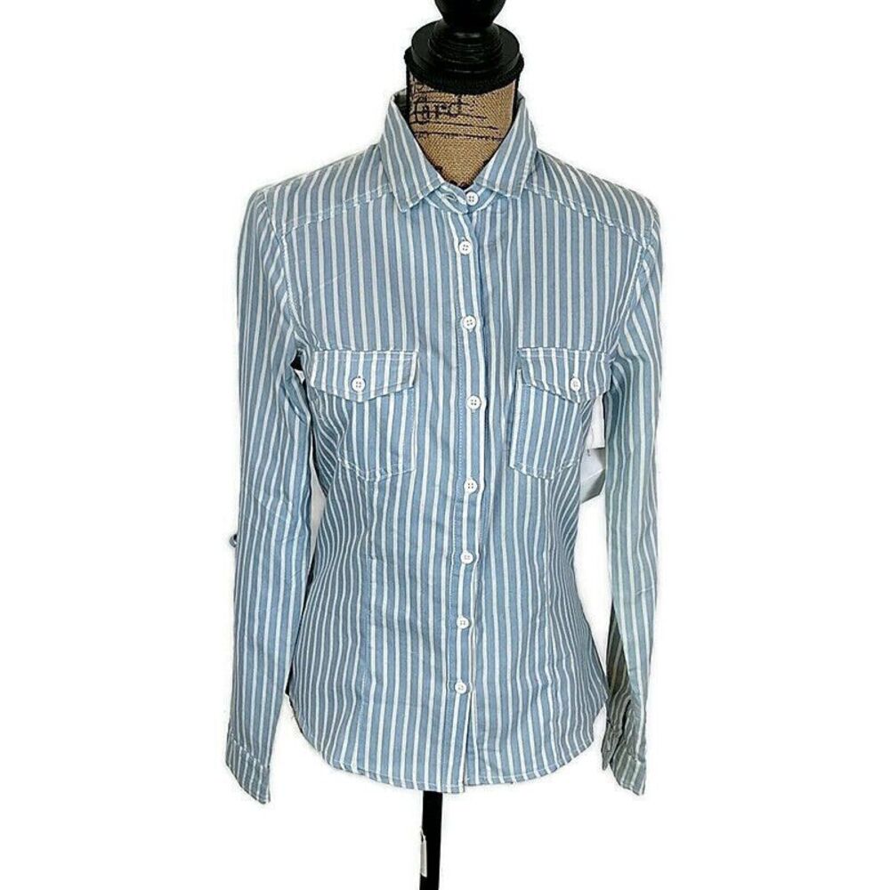 NWT Timing Womens sz S Top Blue White Striped Button Up Long Roll‎ Tab Sleeve